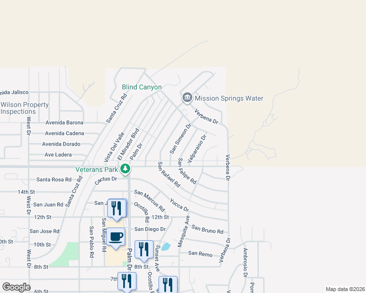 map of restaurants, bars, coffee shops, grocery stores, and more near 9756 San Felipe Road in Desert Hot Springs