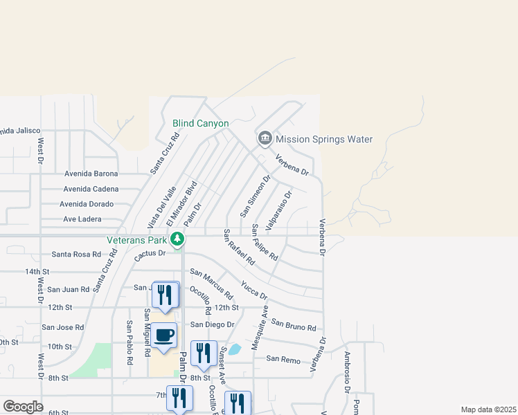 map of restaurants, bars, coffee shops, grocery stores, and more near 9756 San Felipe Road in Desert Hot Springs