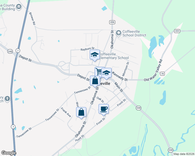 map of restaurants, bars, coffee shops, grocery stores, and more near 755-761 Main Street in Coffeeville
