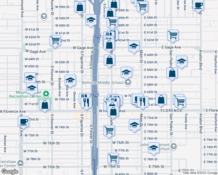 map of restaurants, bars, coffee shops, grocery stores, and more near 6821 South Broadway in Los Angeles