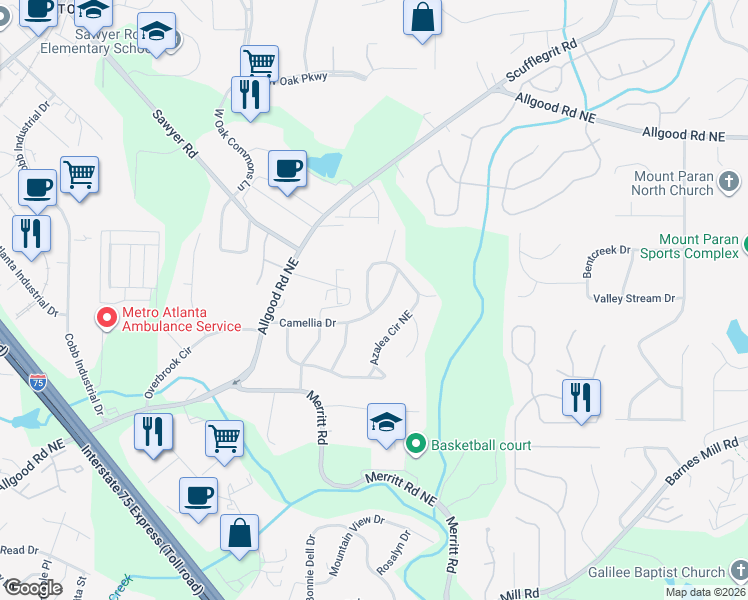 map of restaurants, bars, coffee shops, grocery stores, and more near 1209 Azalea Circle Northeast in Marietta