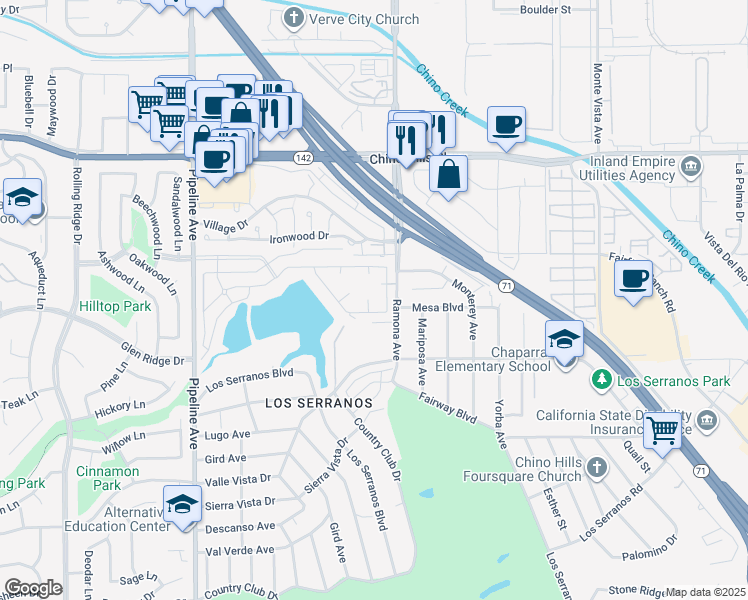 map of restaurants, bars, coffee shops, grocery stores, and more near 15111 Pipeline Avenue in Chino Hills