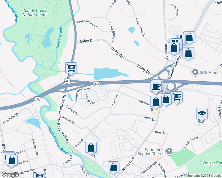 map of restaurants, bars, coffee shops, grocery stores, and more near 360 Northside Drive in Athens