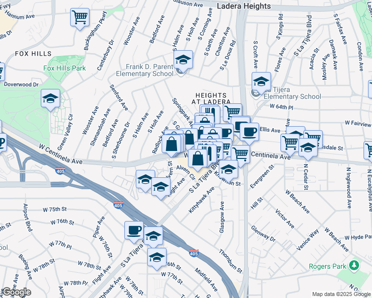 map of restaurants, bars, coffee shops, grocery stores, and more near 6740 South Garth Avenue in Los Angeles