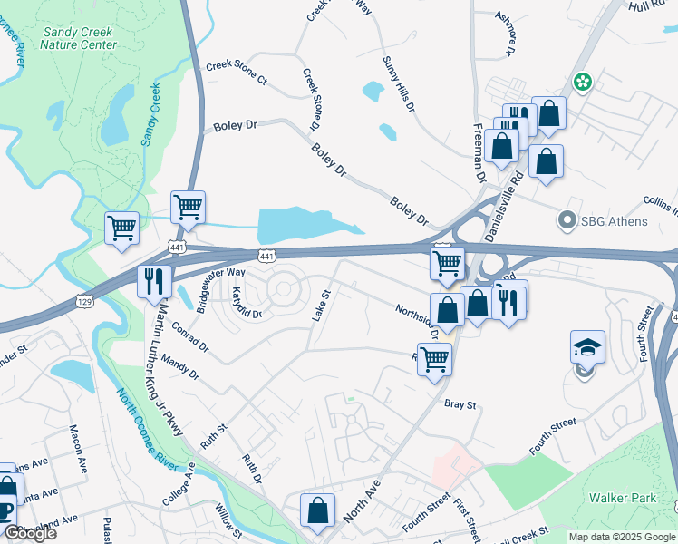 map of restaurants, bars, coffee shops, grocery stores, and more near 400 Lake Street in Athens