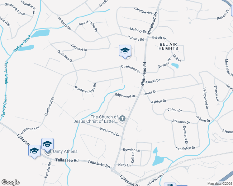 map of restaurants, bars, coffee shops, grocery stores, and more near 180 Hunters Pointe Drive in Athens