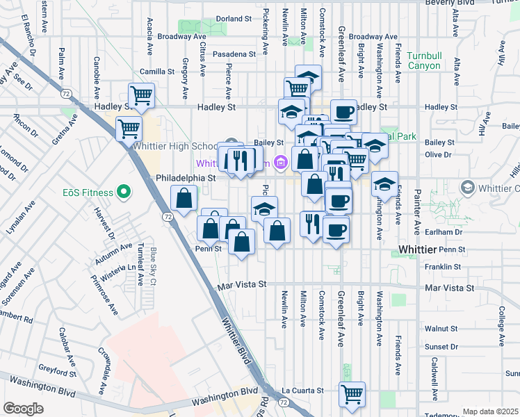 map of restaurants, bars, coffee shops, grocery stores, and more near 7053 Pickering Avenue in Whittier