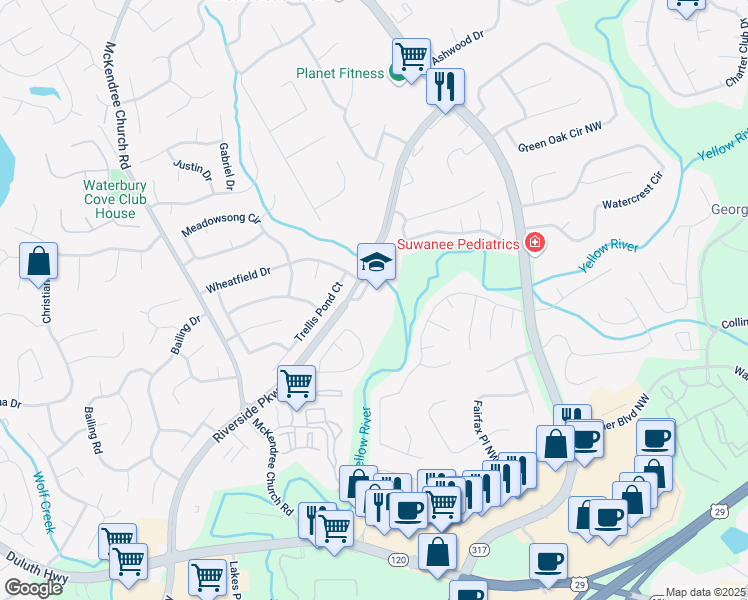 map of restaurants, bars, coffee shops, grocery stores, and more near 1600 Riverside Parkway in Lawrenceville