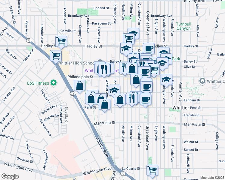 map of restaurants, bars, coffee shops, grocery stores, and more near 7033 Pickering Avenue in Whittier