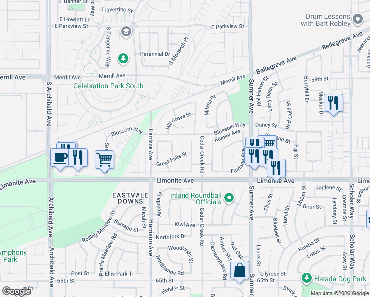 map of restaurants, bars, coffee shops, grocery stores, and more near 6056 Delaware Park Court in Corona