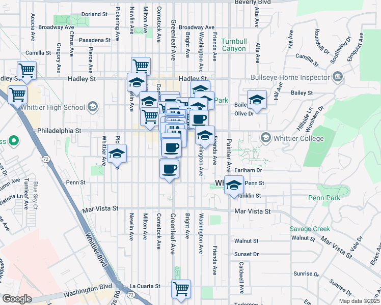 map of restaurants, bars, coffee shops, grocery stores, and more near 7052 Bright Avenue in Whittier