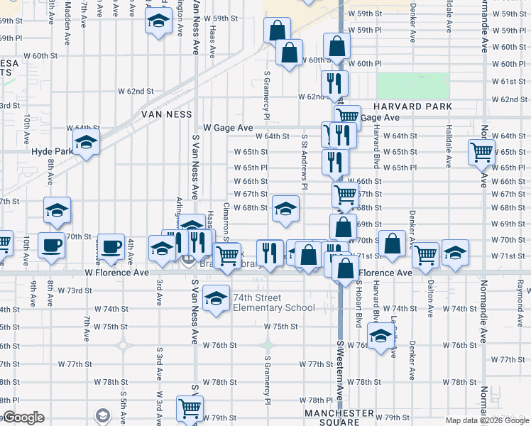map of restaurants, bars, coffee shops, grocery stores, and more near 2000 West 68th Street in Los Angeles