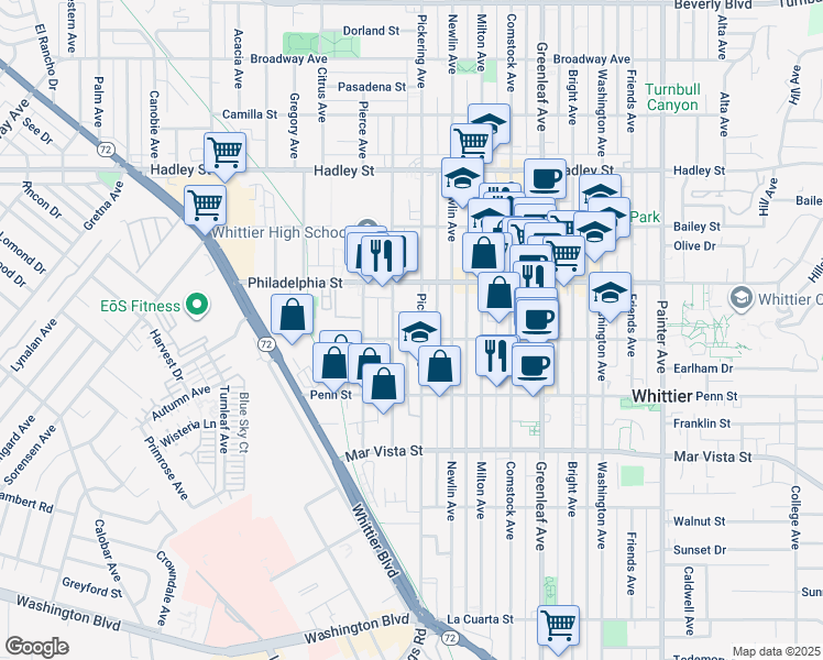 map of restaurants, bars, coffee shops, grocery stores, and more near 7053 Pickering Avenue in Whittier