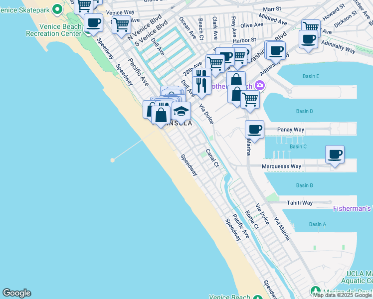 map of restaurants, bars, coffee shops, grocery stores, and more near 3400 Pacific Avenue in Marina del Rey