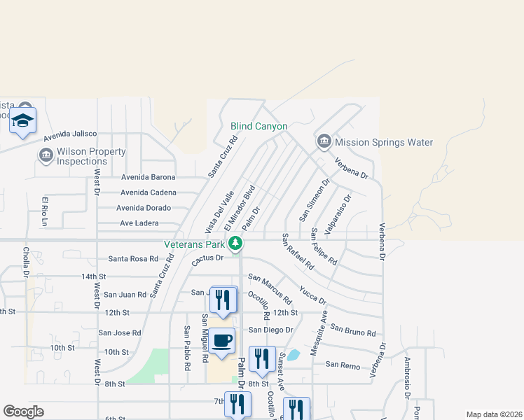 map of restaurants, bars, coffee shops, grocery stores, and more near 9699 Palm Drive in Desert Hot Springs