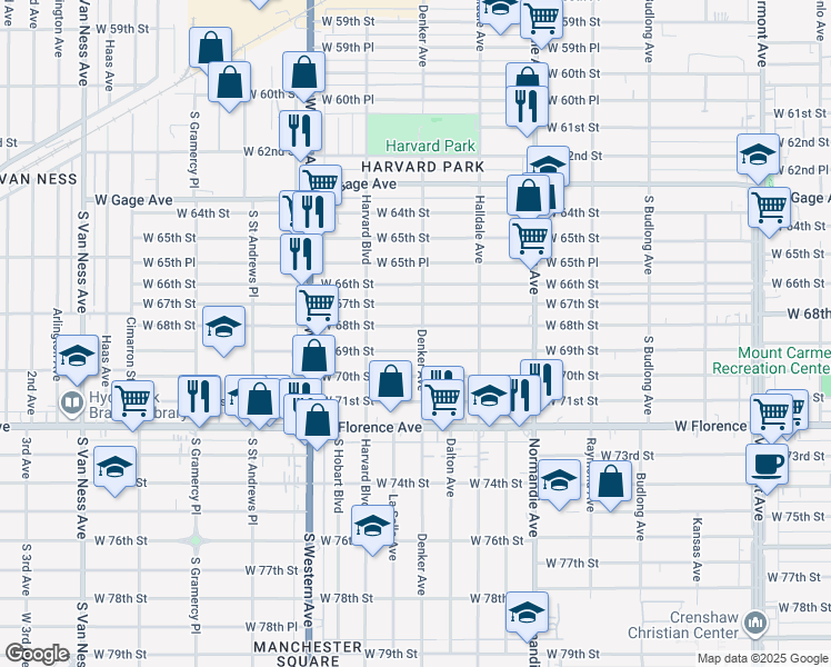 map of restaurants, bars, coffee shops, grocery stores, and more near 1605 West 68th Street in Los Angeles