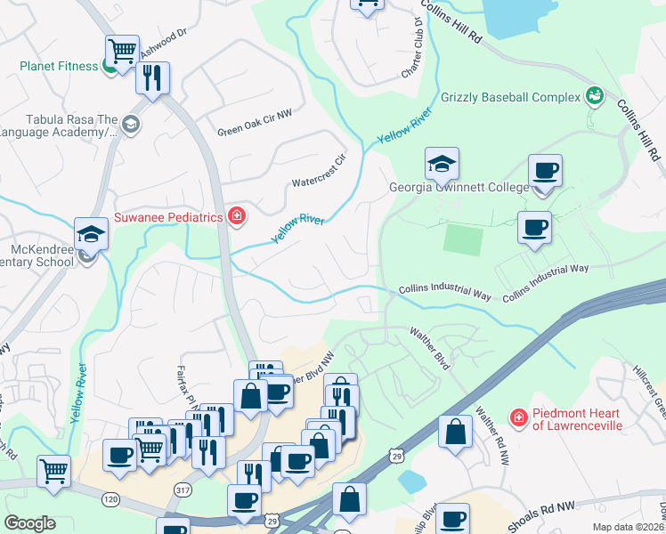 map of restaurants, bars, coffee shops, grocery stores, and more near 741 Sugar Oak Lane in Lawrenceville