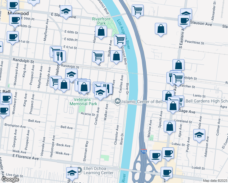 map of restaurants, bars, coffee shops, grocery stores, and more near 6312 Home Avenue in Bell