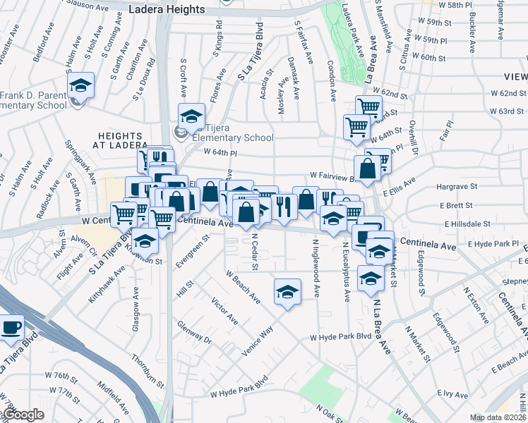 map of restaurants, bars, coffee shops, grocery stores, and more near 408 West Hillsdale Street in Inglewood