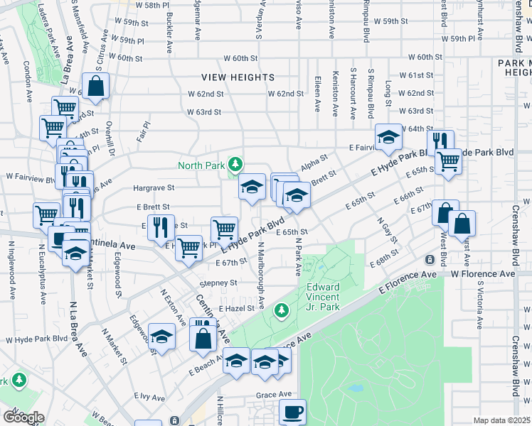 map of restaurants, bars, coffee shops, grocery stores, and more near 1118 North Marlborough Avenue in Inglewood