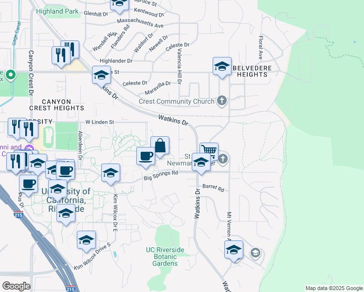 map of restaurants, bars, coffee shops, grocery stores, and more near 3642 Valencia Hill Drive in Riverside