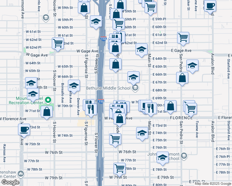 map of restaurants, bars, coffee shops, grocery stores, and more near 6821 Broadway in Los Angeles