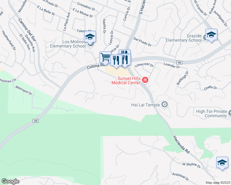 map of restaurants, bars, coffee shops, grocery stores, and more near 15705 Gun Tree Drive in Hacienda Heights