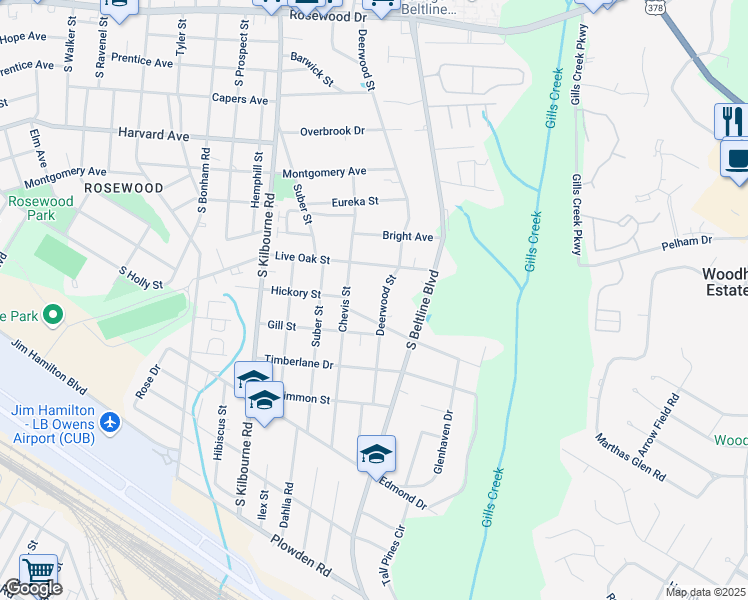 map of restaurants, bars, coffee shops, grocery stores, and more near 3950 Live Oak Street in Columbia