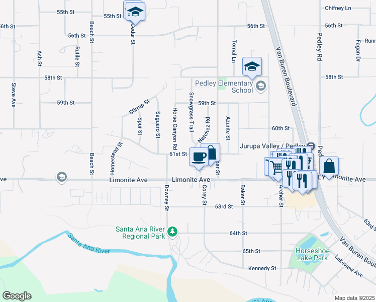 map of restaurants, bars, coffee shops, grocery stores, and more near 6061 Snowgrass Trail in Riverside