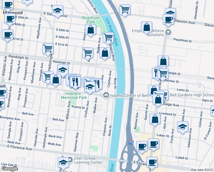 map of restaurants, bars, coffee shops, grocery stores, and more near 6309 Casitas Avenue in Bell