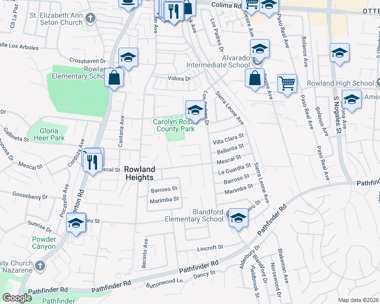 map of restaurants, bars, coffee shops, grocery stores, and more near 18522 Villa Clara Street in Rowland Heights