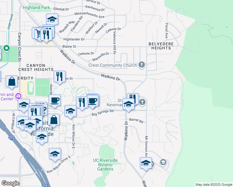 map of restaurants, bars, coffee shops, grocery stores, and more near 3642 Valencia Hill Drive in Riverside