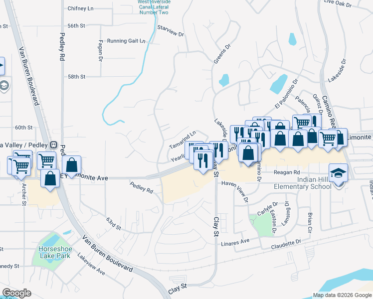 map of restaurants, bars, coffee shops, grocery stores, and more near 8293 Yearling Way in Riverside