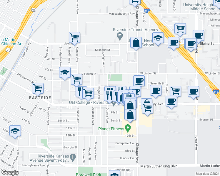 map of restaurants, bars, coffee shops, grocery stores, and more near 1881 Loma Vista Street in Riverside
