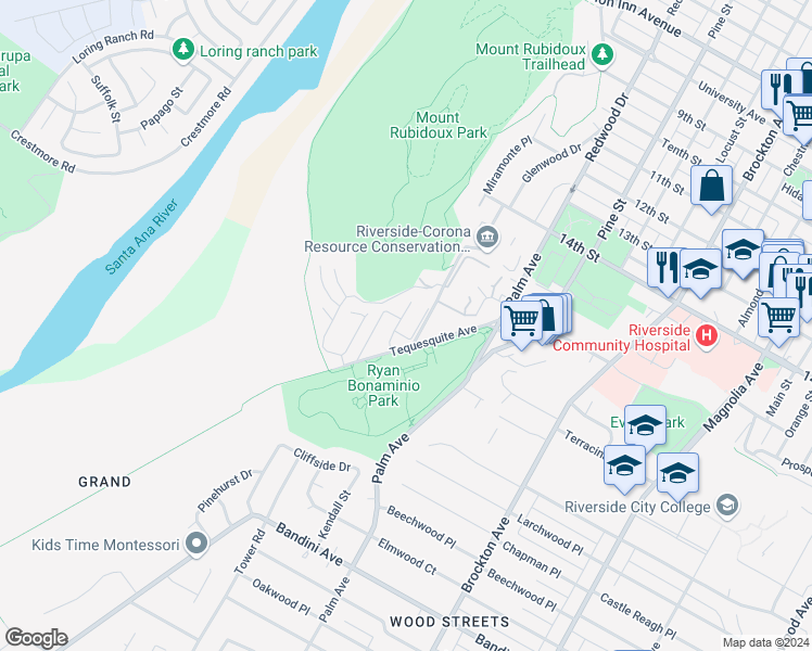 map of restaurants, bars, coffee shops, grocery stores, and more near 4710 Elderwood Court in Riverside