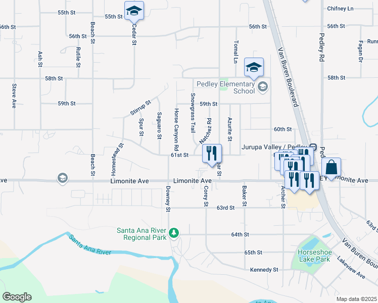map of restaurants, bars, coffee shops, grocery stores, and more near 6061 Snowgrass Trail in Riverside