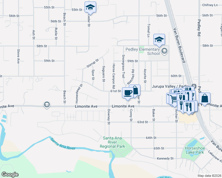map of restaurants, bars, coffee shops, grocery stores, and more near 6058 Horse Canyon Road in Riverside