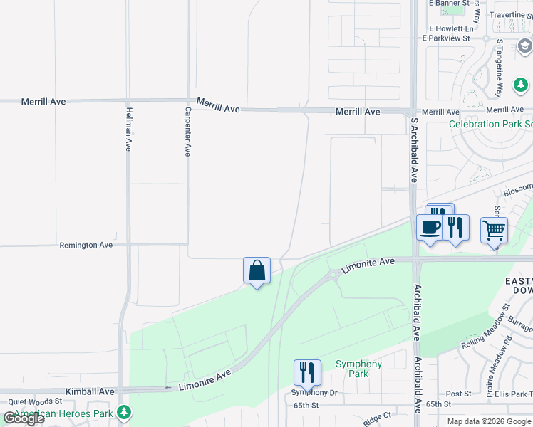 map of restaurants, bars, coffee shops, grocery stores, and more near 15133 Carpenter Avenue in Ontario