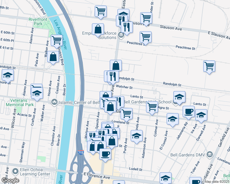 map of restaurants, bars, coffee shops, grocery stores, and more near 6211 Ajax Avenue in Bell Gardens