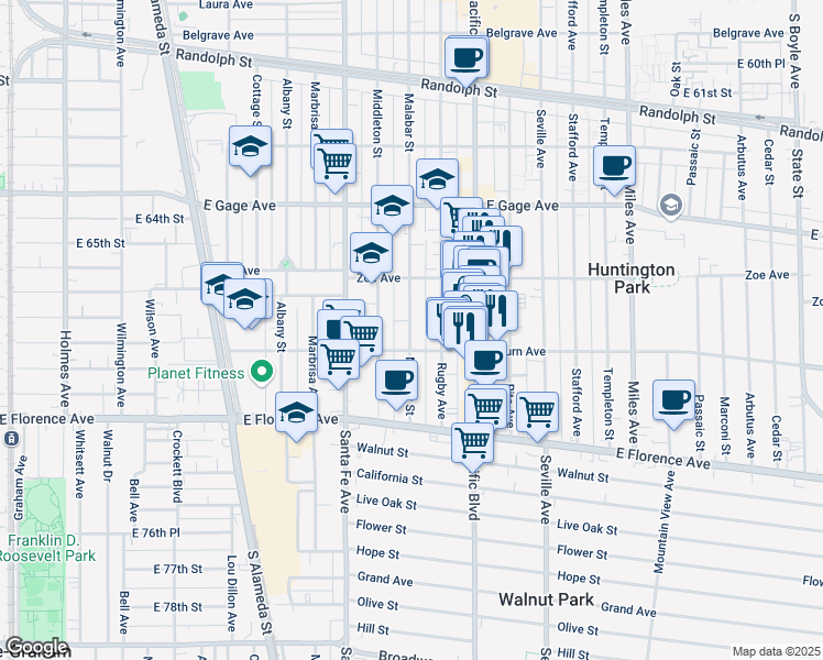 map of restaurants, bars, coffee shops, grocery stores, and more near in Huntington Park