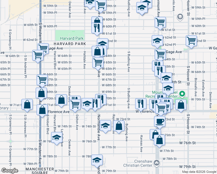 map of restaurants, bars, coffee shops, grocery stores, and more near 1327 West 68th Street in Los Angeles