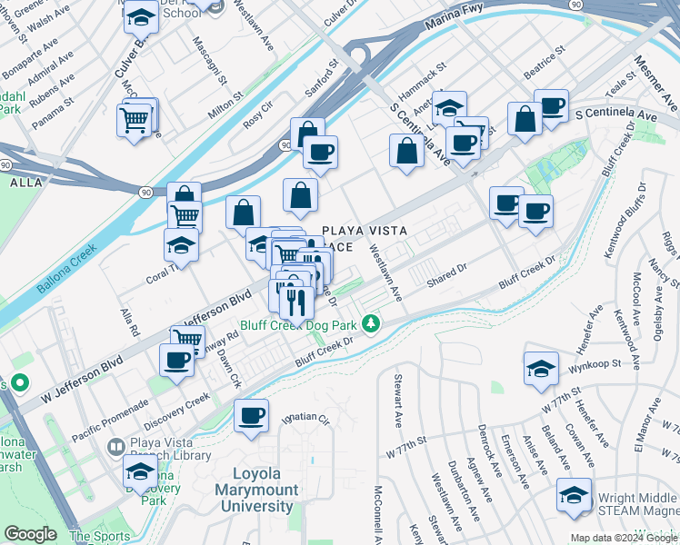 map of restaurants, bars, coffee shops, grocery stores, and more near 12665 Village Lane in Los Angeles