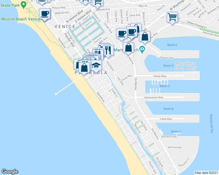 map of restaurants, bars, coffee shops, grocery stores, and more near 3501 Esplanade in Marina del Rey
