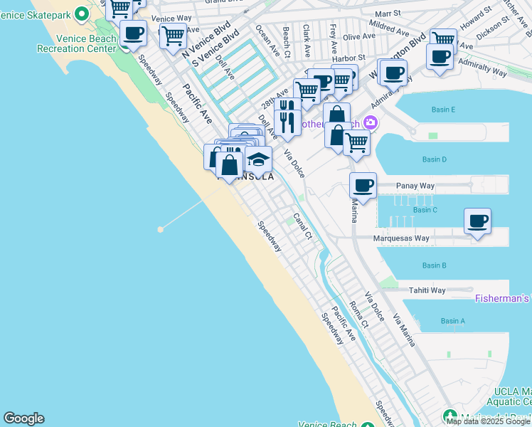 map of restaurants, bars, coffee shops, grocery stores, and more near 3400 Pacific Avenue in Marina del Rey