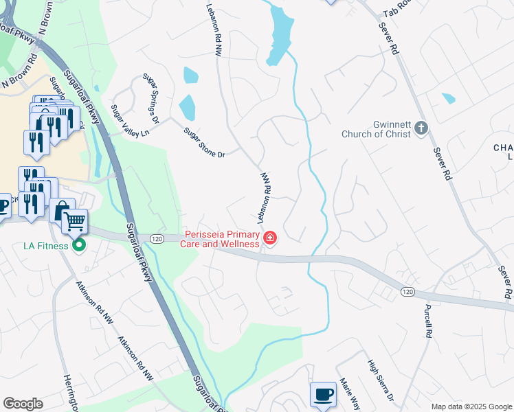 map of restaurants, bars, coffee shops, grocery stores, and more near 1751 Bergen Court in Lawrenceville
