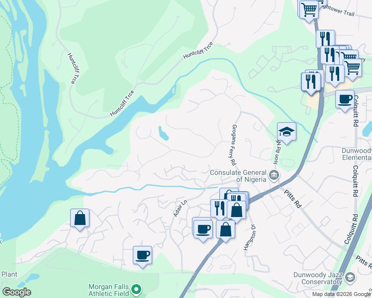 map of restaurants, bars, coffee shops, grocery stores, and more near 185 Grogans Landing in Atlanta