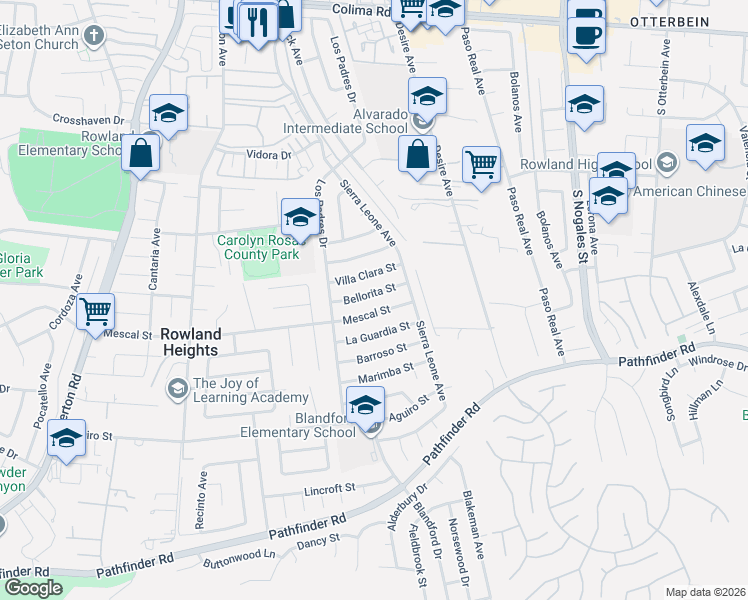 map of restaurants, bars, coffee shops, grocery stores, and more near 18671 Bellorita Street in Rowland Heights
