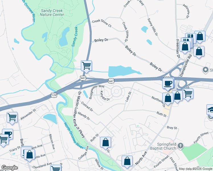 map of restaurants, bars, coffee shops, grocery stores, and more near 421 Bridgewater Way in Athens