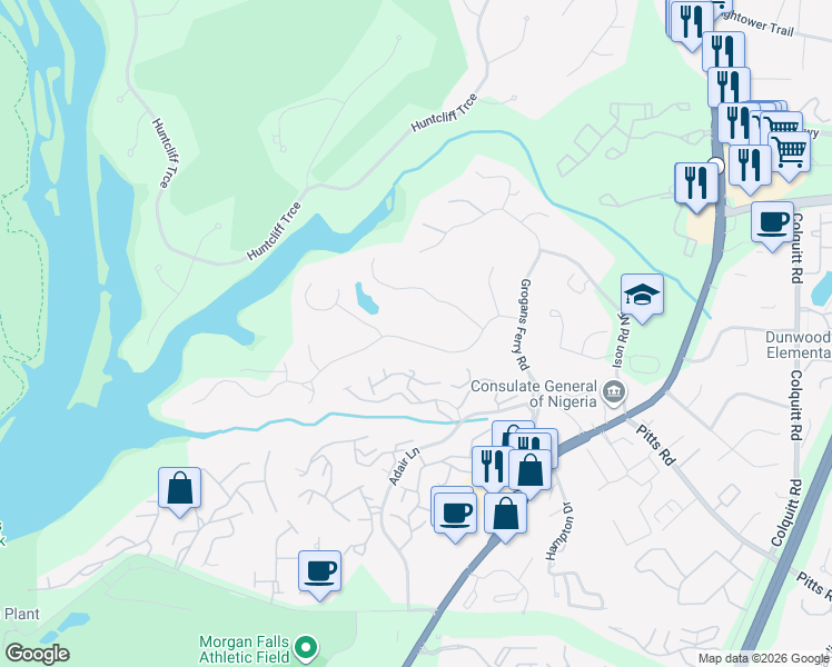 map of restaurants, bars, coffee shops, grocery stores, and more near 185 Grogans Landing in Atlanta