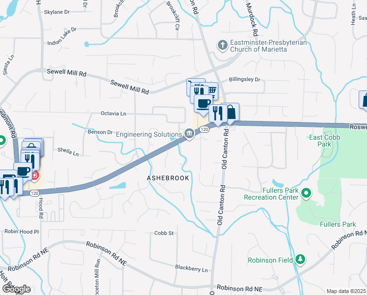 map of restaurants, bars, coffee shops, grocery stores, and more near 2976 Roswell Road in Marietta